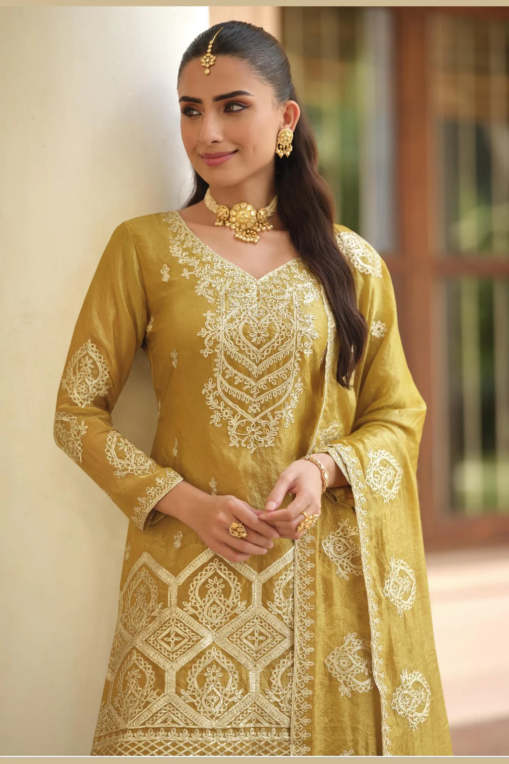 Yellow Golden Premium Tora Silk Palazzo Suit For Wedding Festival - Image 2