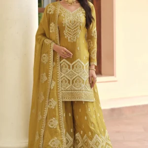 Yellow Golden Premium Tora Silk Palazzo Suit For Wedding Festival
