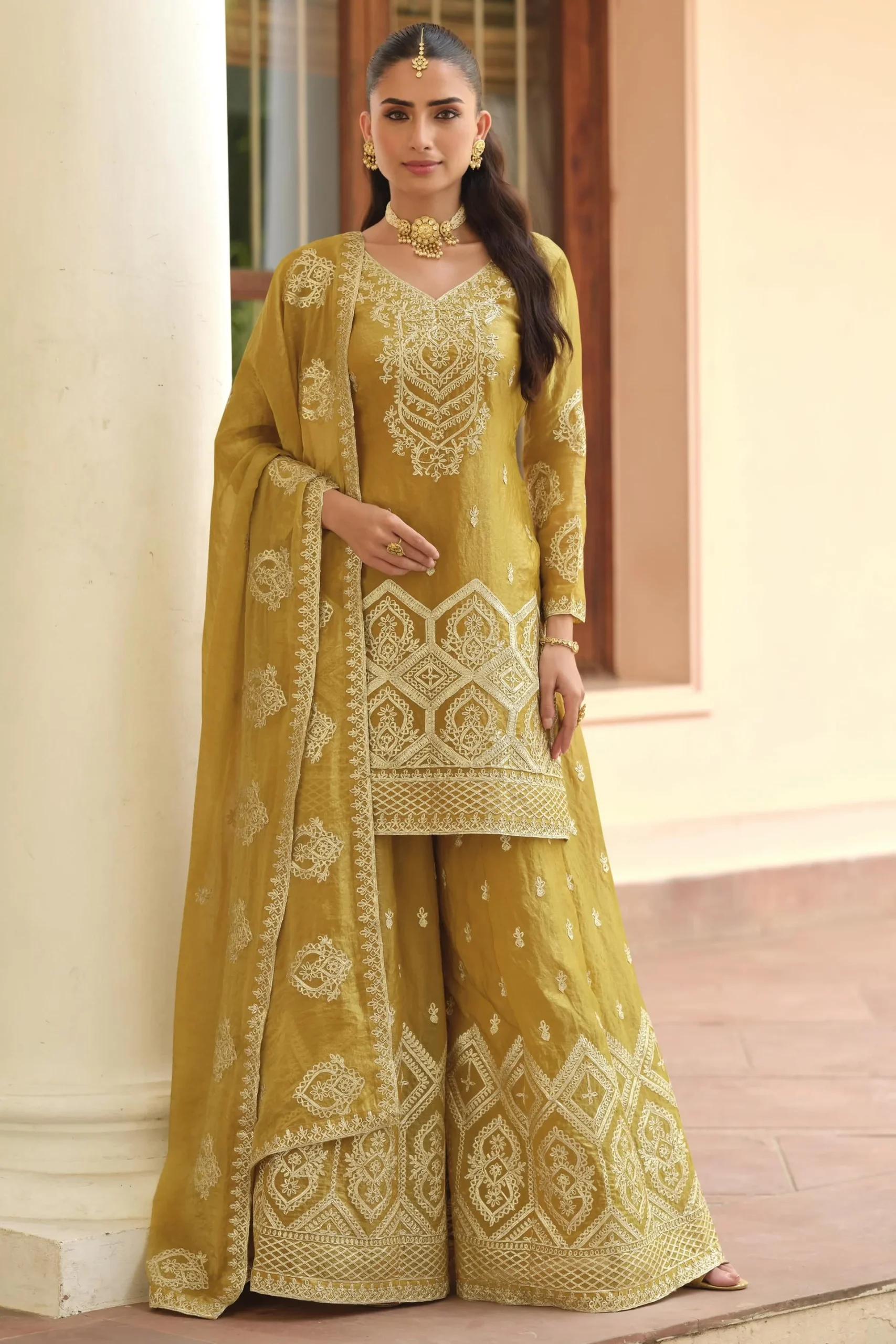 Yellow Golden Premium Tora Silk Palazzo Suit For Wedding Festival