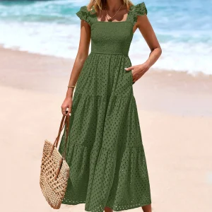 Women's Square Neck Maxi Dresses Cap Sleeve Eyelet Smocked Tiered A Line Flowy Long Dress with Pockets