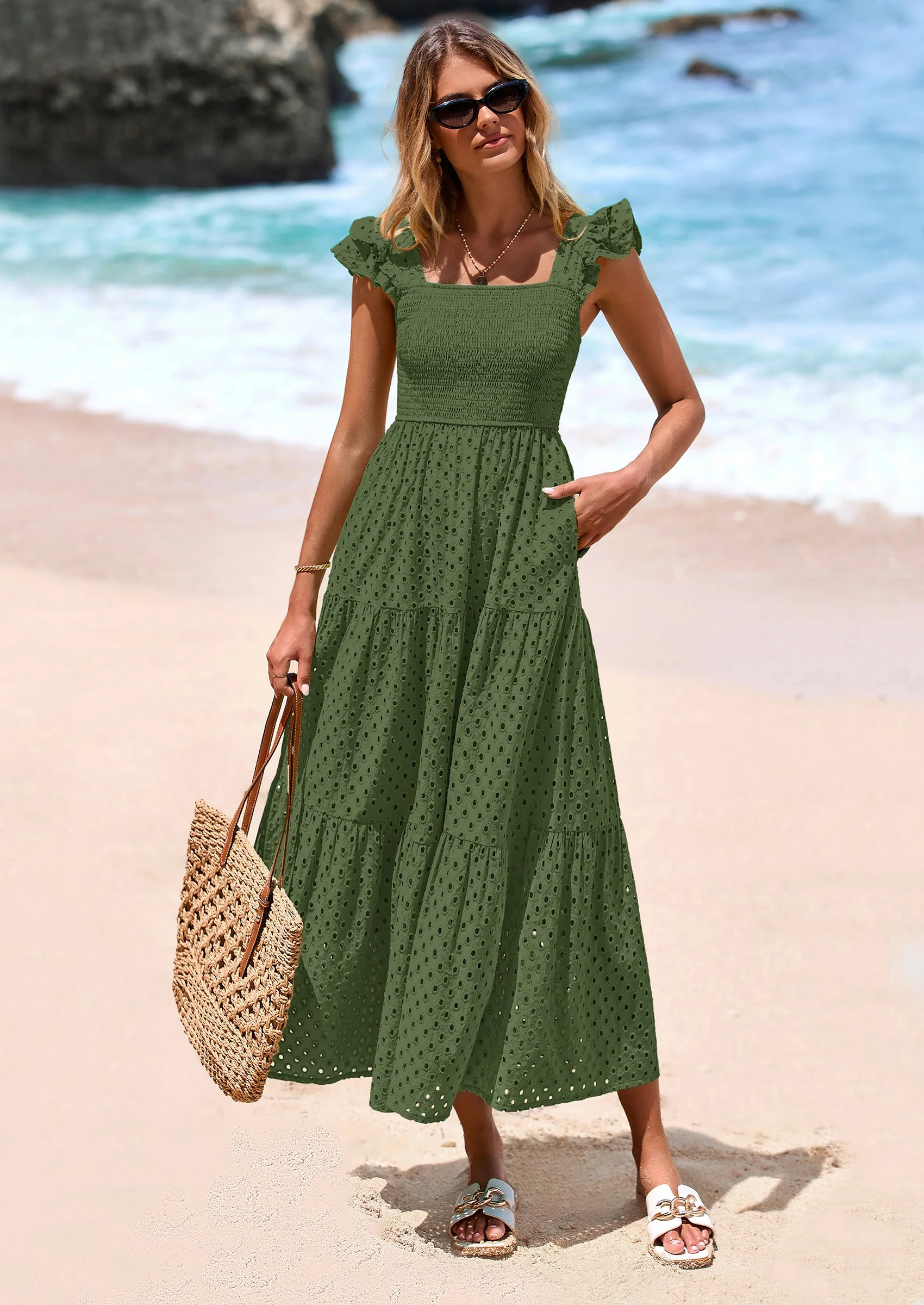 Women's Square Neck Maxi Dresses Cap Sleeve Eyelet Smocked Tiered A Line Flowy Long Dress with Pockets