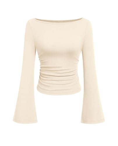 Women's Long Sleeve Crop Tops Casual Boat Neck Bell Sleeve - Image 3