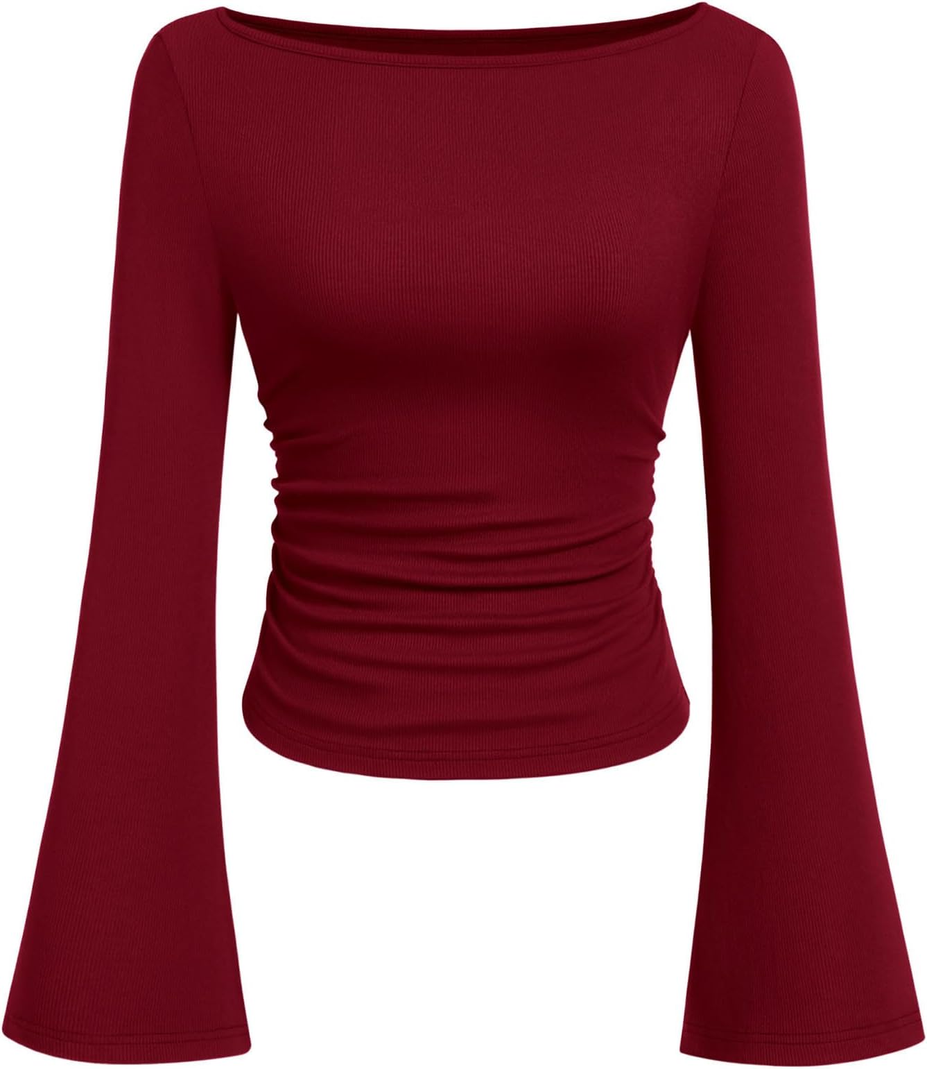 Women's Long Sleeve Crop Tops Casual Boat Neck Bell Sleeve - Image 2