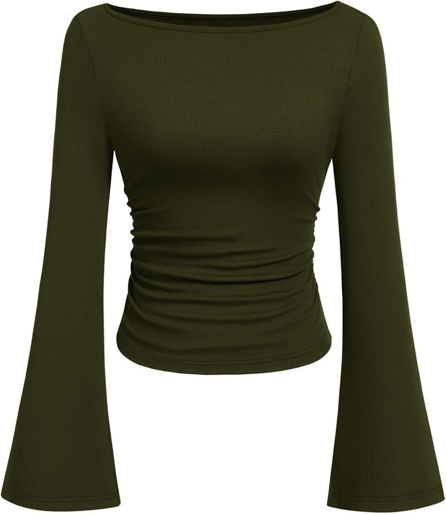 Women's Long Sleeve Crop Tops Casual Boat Neck Bell Sleeve - Image 7
