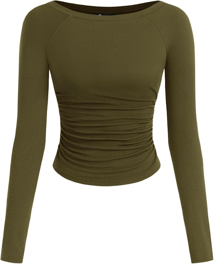 Women's Long Sleeve Crop Tops Casual Boat Neck Bell Sleeve - Image 4