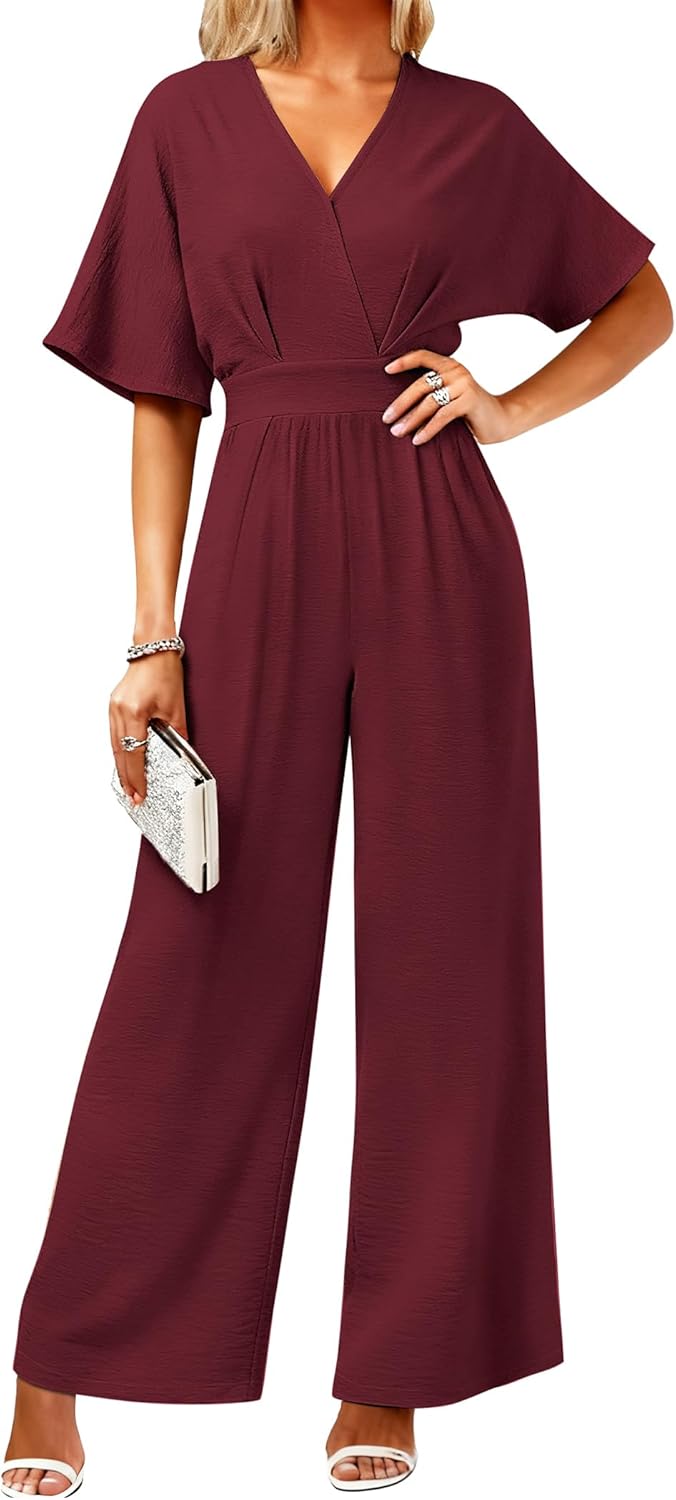 Women's One Piece Jumpsuits Dressy Casual V-Neck Batwing Short Sleeve Wide Leg Elegant Ladies Jumpsuit Rompers - Image 2