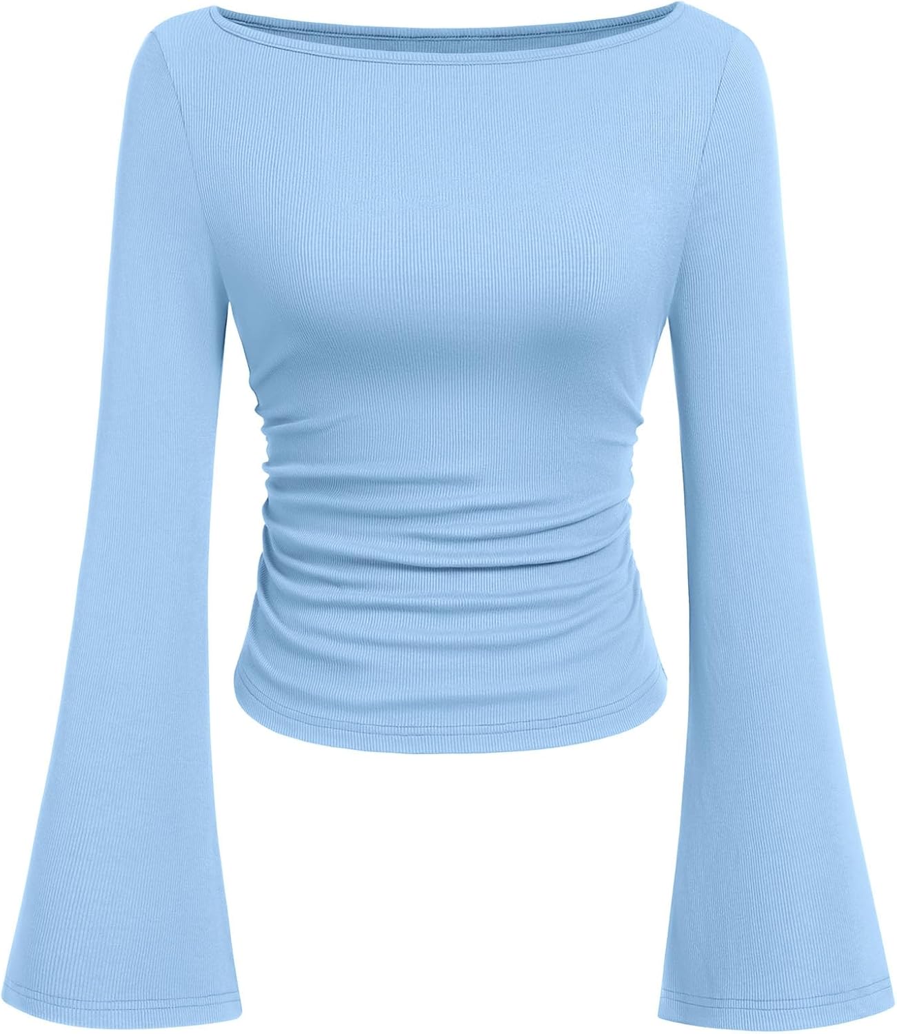 Women's Long Sleeve Crop Tops Casual Boat Neck Bell Sleeve - Image 6