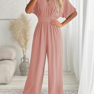 Women's One Piece Jumpsuits Dressy Casual V-Neck Batwing Short Sleeve Wide Leg Elegant Ladies Jumpsuit Rompers