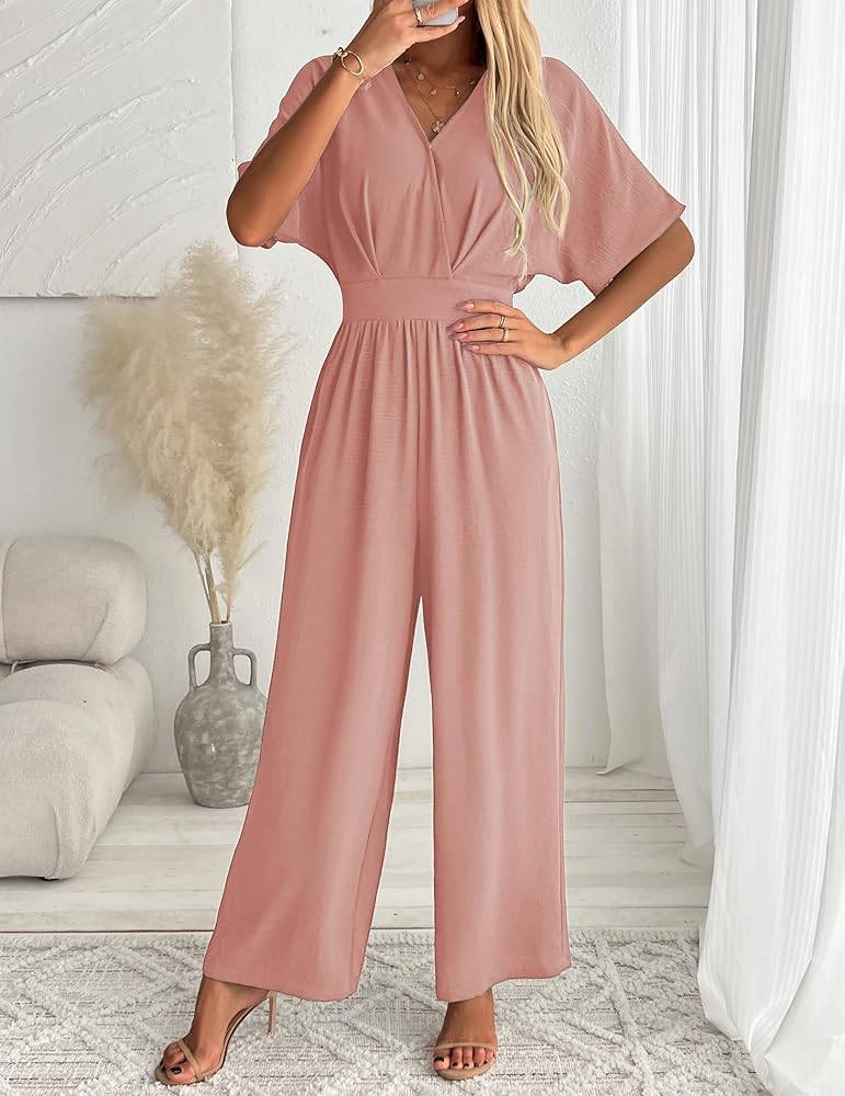Women's One Piece Jumpsuits Dressy Casual V-Neck Batwing Short Sleeve Wide Leg Elegant Ladies Jumpsuit Rompers