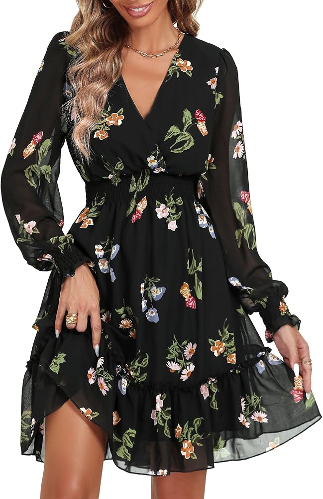 Women's Mini Dresses Casual Spring V Neck Chiffon Long Peasant Sleeves Flowy Spring Dress - Image 5