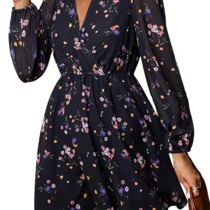 Women's Mini Dresses Casual Spring V Neck Chiffon Long Peasant Sleeves Flowy Spring Dress