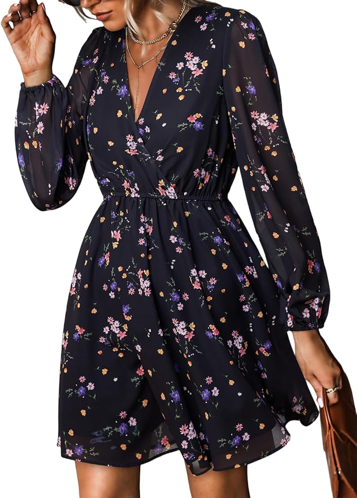 Women's Mini Dresses Casual Spring V Neck Chiffon Long Peasant Sleeves Flowy Spring Dress