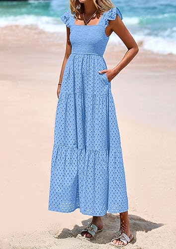 Women's Square Neck Maxi Dresses Cap Sleeve Eyelet Smocked Tiered A Line Flowy Long Dress with Pockets - Image 4