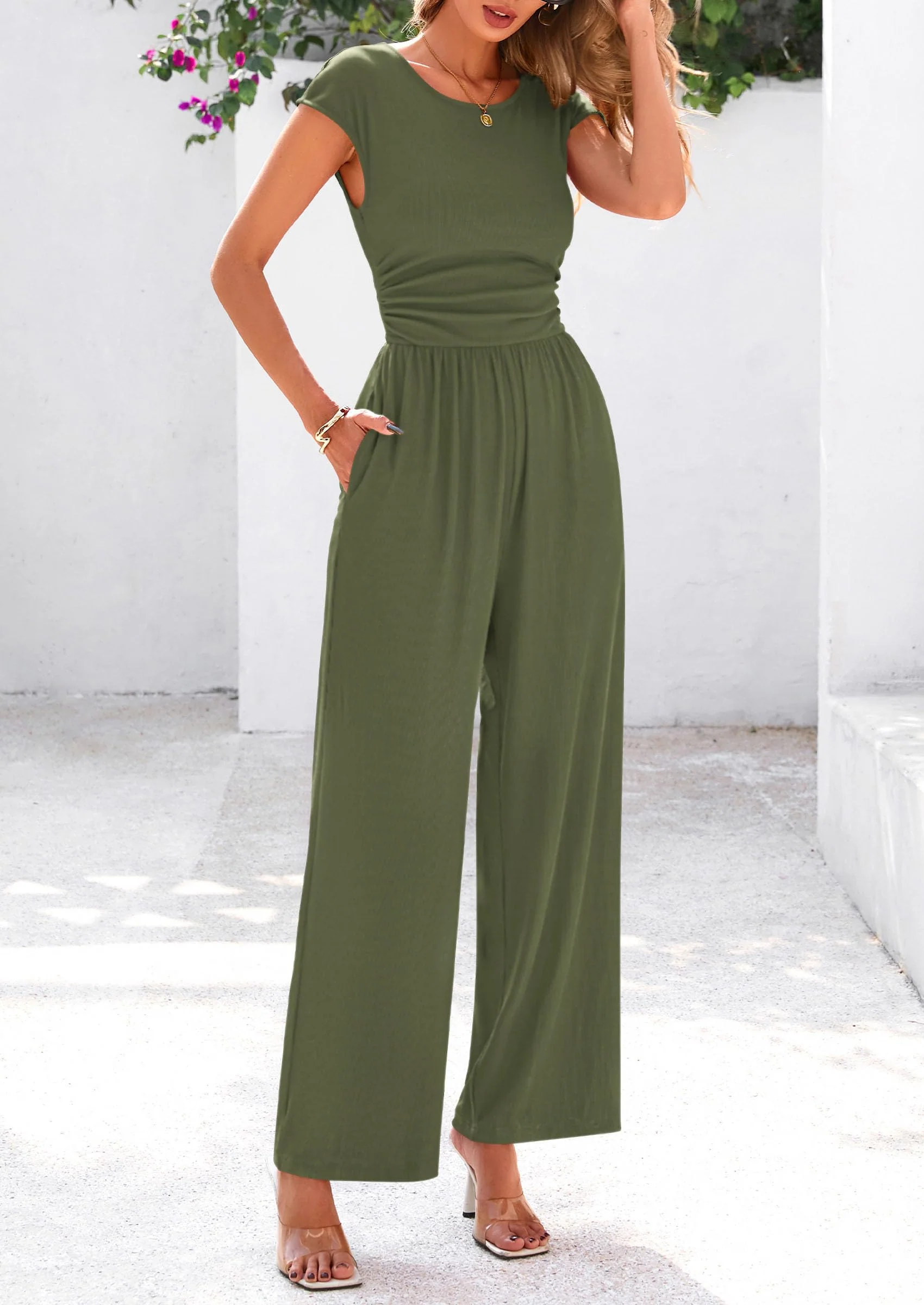 Women's Summer Jumpsuits Dressy Casual One Piece Outfits Sleeveless Mock Neck Wide Leg Pants Rompers with Pockets - Image 2