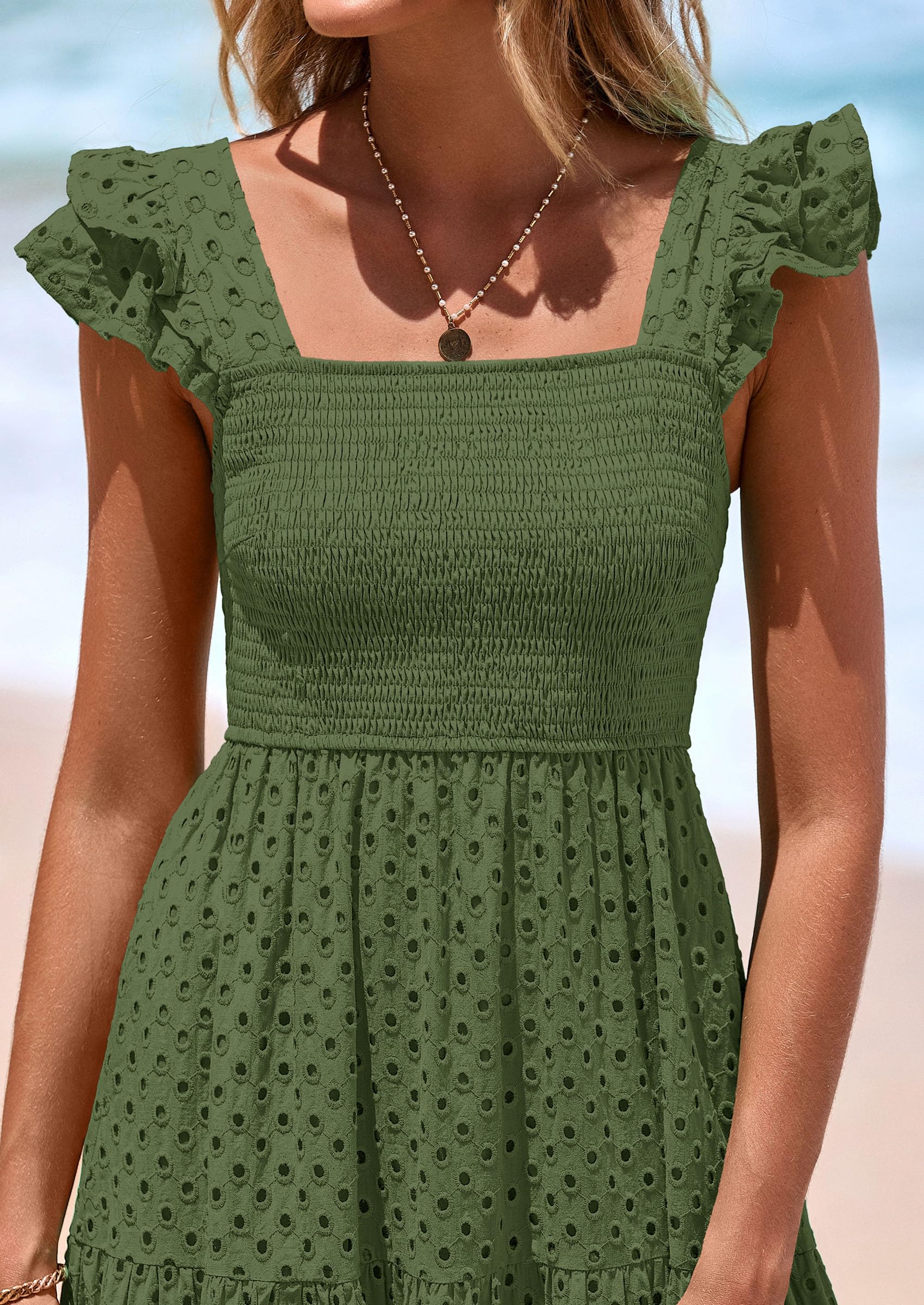 Women's Square Neck Maxi Dresses Cap Sleeve Eyelet Smocked Tiered A Line Flowy Long Dress with Pockets - Image 2