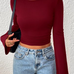 Women's Long Sleeve Crop Tops Casual Boat Neck Bell Sleeve