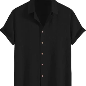Mens Pleated Hawaiian Shirt - Short Sleeve Button Down Textured Casual Beach Shirt